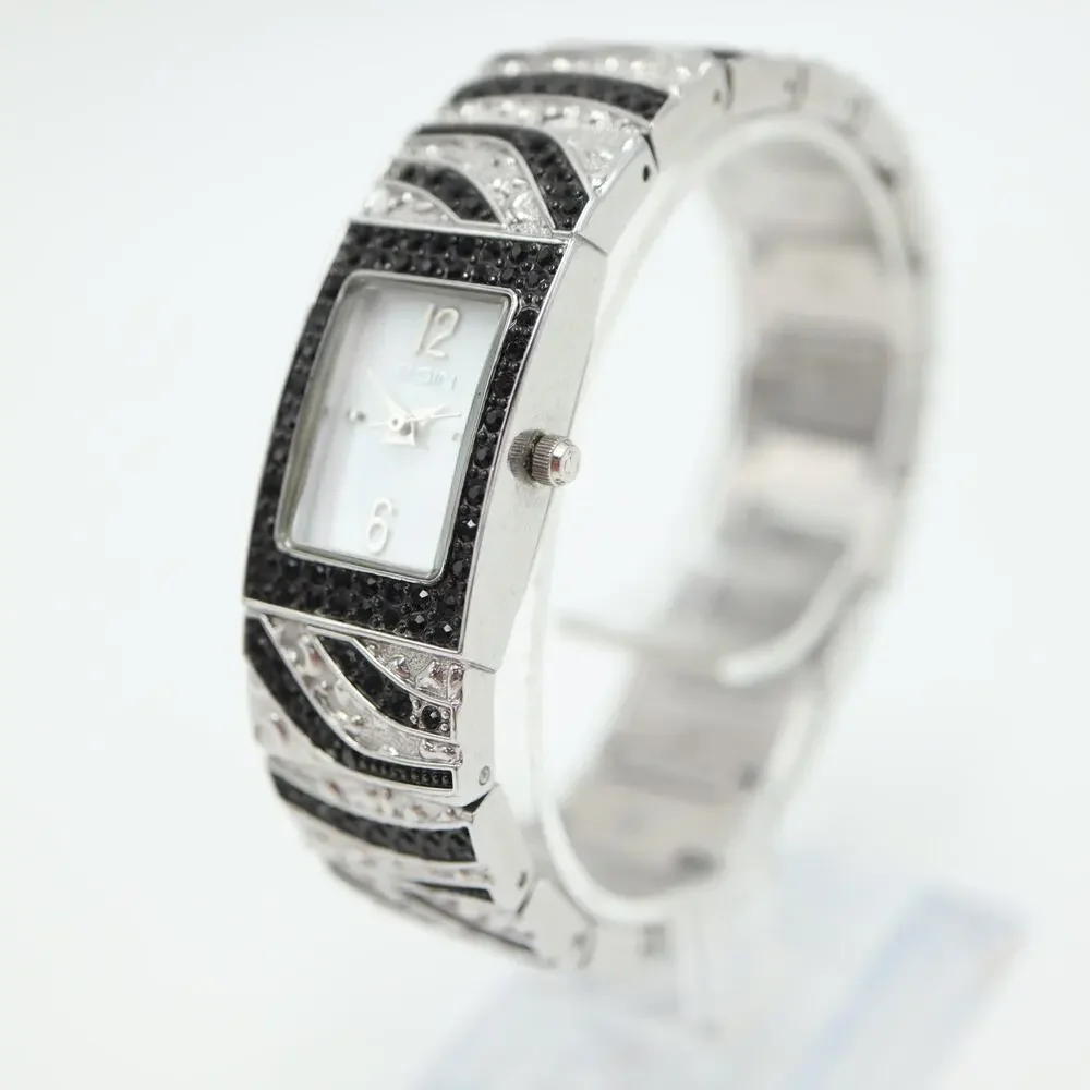 Elgin Womens Silver Tone Black Crystal Zebra Strip MOP Watch 17mm w New Battery